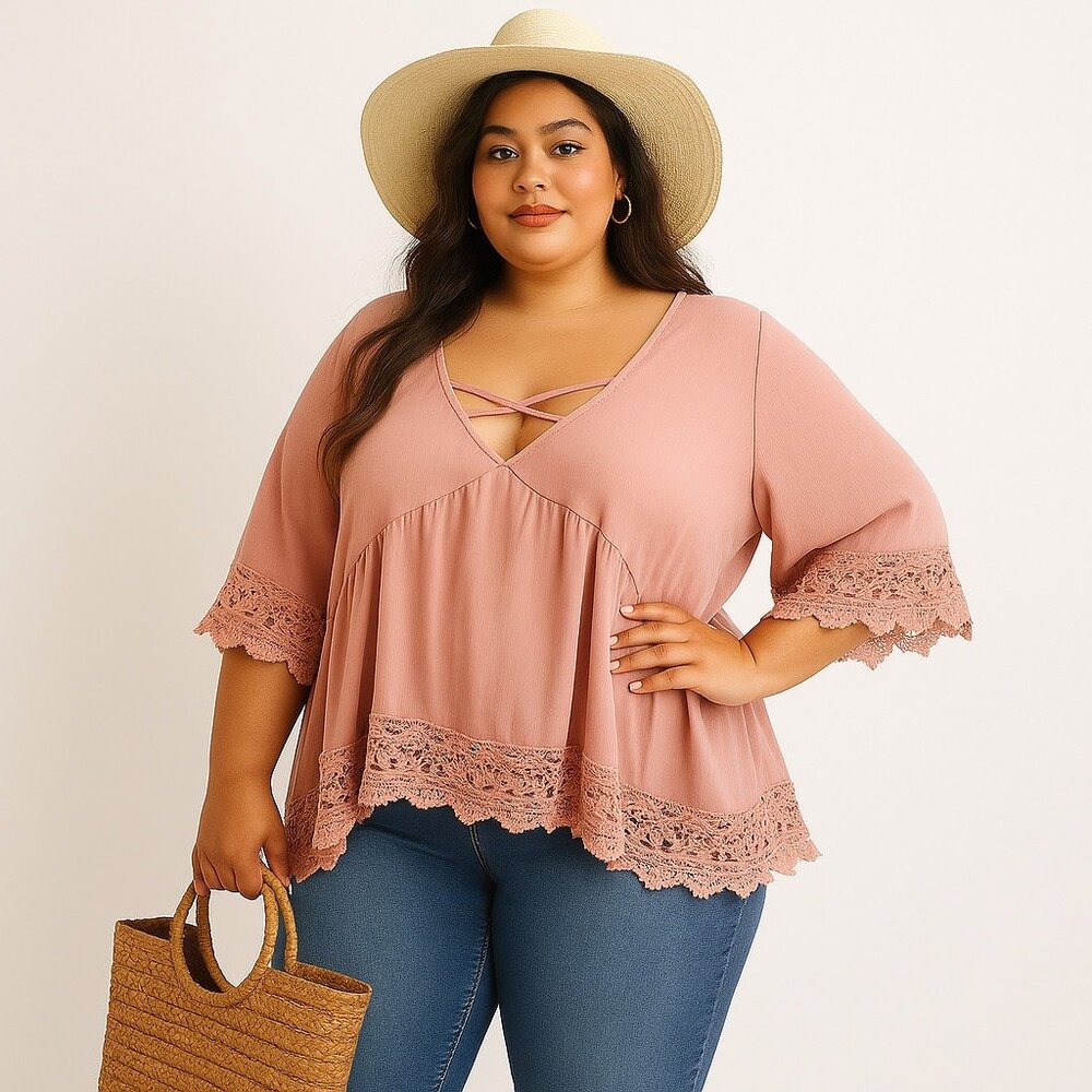Blush Pink Babydoll Top Womens 4XL Crochet Lace Hem Boho Cottagecore Y2K V-Neck